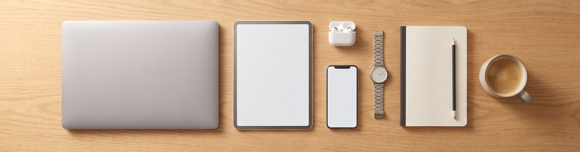 Apple günstig kaufen: Notebook, Tablet, Smartphone und Ohrhörer auf einem Schreibtisch