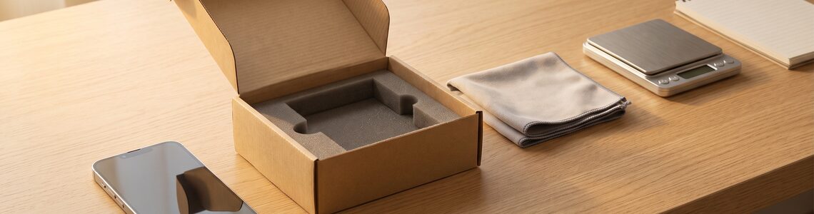 Altes Smartphone mit Versandkarton auf Schreibtisch — Apple Trade In Inzahlungnahme
