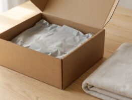 Geöffneter unbedruckter Karton mit Seidenpapier und heller Babydecke