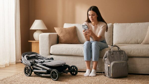 babymarkt gutschein app babymarkt Gutschein in der App auf dem Smartphone neben Kinderbuggy