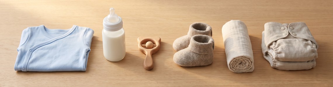 babymarkt Gutschein Header mit Babyausstattung auf Holzablage