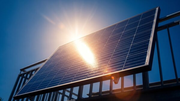 balkonkraftwerk ertrag sonne Solarmodul eines Balkonkraftwerks in der Sonne am Gelaender