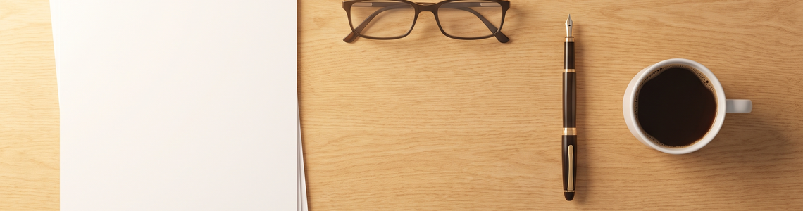 Stapel unbedruckter Blätter neben Lesebrille, Füller und Kaffee