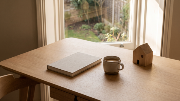 Schreibtisch mit Notebook, Kaffee und hölzernem Modellhaus