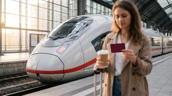 bc100 inline1 Reisende mit BahnCard 100 am Bahnsteig vor einem Fernzug