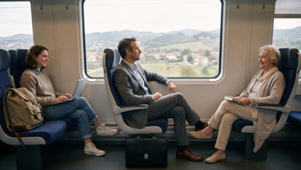 bc100 inline3 Reisende verschiedener Altersgruppen im Zugabteil mit BahnCard 100