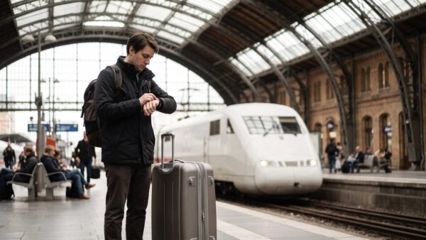 bc100 inline4 Reisender mit Koffer schaut bei Zugverspätung am Bahnsteig auf seine Armbanduhr