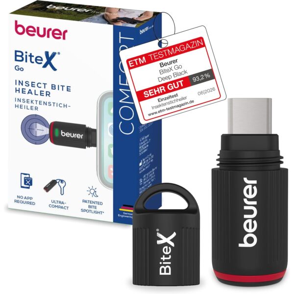 beurer bitex go deep black Beurer BiteX Go Deep Black Insektenstichheiler für Smartphone, Mückenstich Hitzestift mit Licht