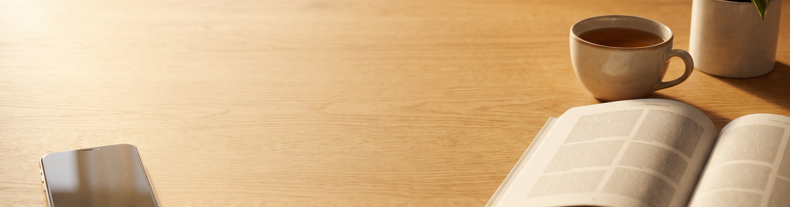 Smartphone mit dem Bildschirm nach unten neben Buch und Tee