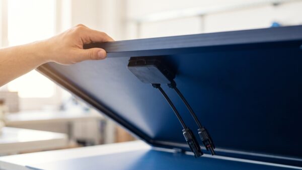 bkw watt typenschild Rueckseite eines Solarmoduls mit Anschlussdose und Steckverbindern