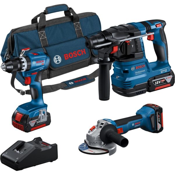 Bosch Professional 18V System Akku-Combo Kit: GSB 18V-45 + GBH 18V-22 + GWS 18V-8 mit Akkus, Ladegerät und Werkzeugtasche