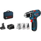 BOSCH Professional GSR 12V-15 Akku-Bohrschrauber Set mit 2 Akkus, Ladegeraet, 39-teiligem Zubehoerset und Tasche