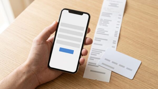 cashback 1 Kaufbeleg und Smartphone mit Registrierungsformular fĂŒr Hersteller-Cashback