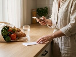 Cashback-Apps im Vergleich: Smartphone mit Kassenbon und Einkaufstüte auf der Küchenarbeitsplatte