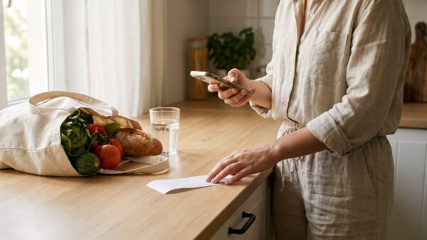 cashback apps bild1 Cashback-Apps im Vergleich: Smartphone mit Kassenbon und Einkaufstüte auf der Küchenarbeitsplatte
