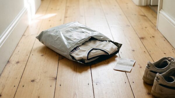 check24 trikot lieferung Geöffneter Versandbeutel mit weißem Trikot im Hausflur — Lieferung des CHECK24 Trikots