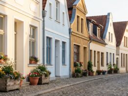 Altstadtstraße mit unterschiedlichen hellen Hausfassaden