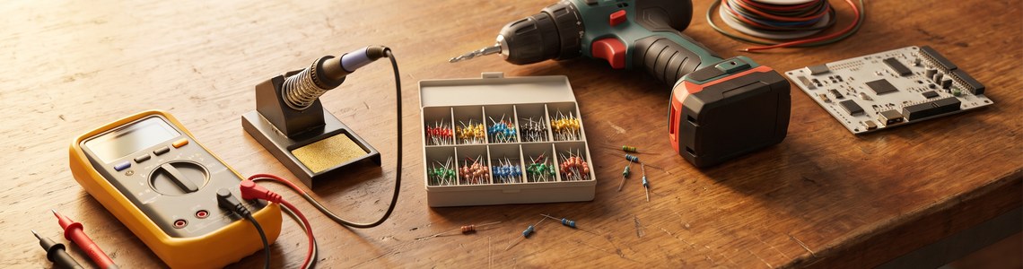 Conrad Gutschein - Multimeter, Loetkolben und Elektronikbauteile auf der Werkbank