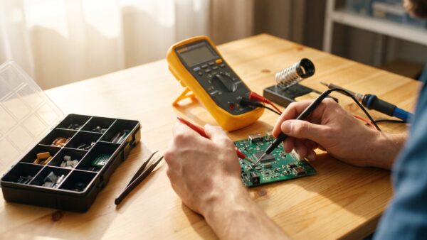 conrad gutschein inline1 Messen mit dem Multimeter an einer Platine auf der Werkbank