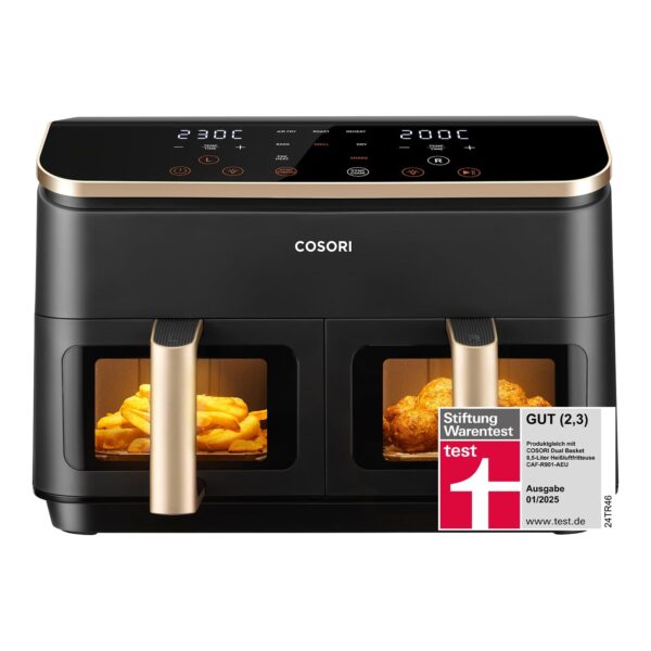 Cosori Airfryer mit Sichtfenster, 8,5L Heißluftfritteuse mit 2 Kammern, Testsieger der Stiftung Warentest, Gold