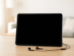 Aufgestelltes Tablet mit schwarzem Bildschirm und Kopfhoerern auf Holz