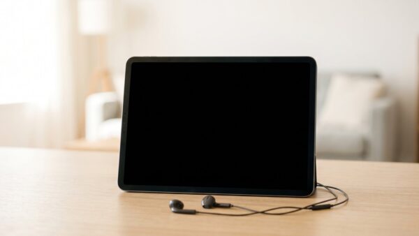Aufgestelltes Tablet mit schwarzem Bildschirm und Kopfhoerern auf Holz