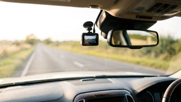 Dashcam erlaubt: Autokamera an der Windschutzscheibe im Innenraum