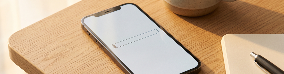 Datenautomatik: Smartphone mit leerer Verbrauchsanzeige auf dem Schreibtisch