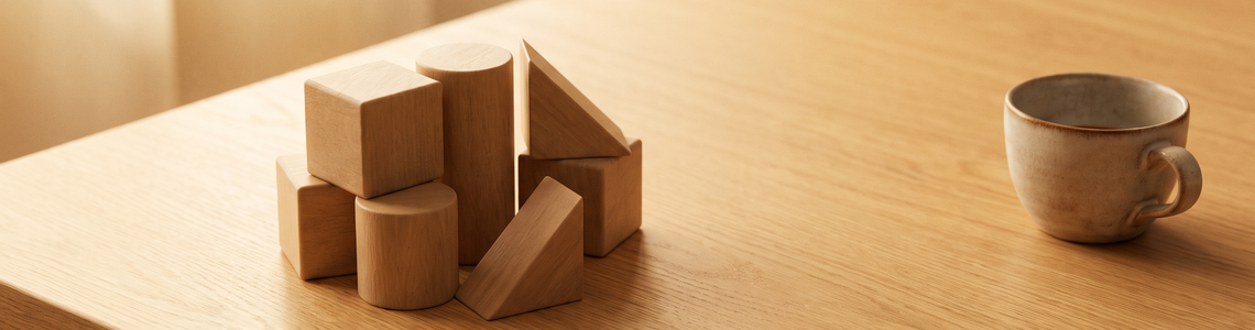 Wenige große Holzbausteine ohne Aufdruck auf einem Holztisch
