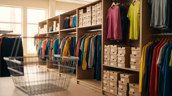 decathlon gutschein inline1 Decathlon Gutschein Ratgeber: Regale mit Funktionsbekleidung und Schuhkartons im Sportgeschaeft