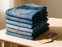 Gestapelte Jeans auf einem Holztisch