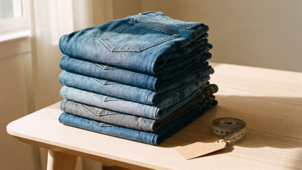 denimfy jeans Jeans im Stapel auf einem Holztisch