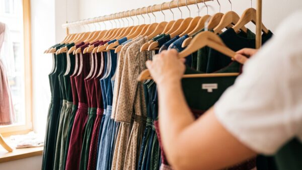dirndl guenstig kaufen stange Kleiderstange mit Dirndln in verschiedenen Farben im Laden