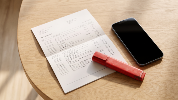dispokredit zinsen bild 1 Kontoauszug mit Textmarker und Smartphone auf dem Tisch