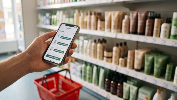 dm gutschein inline1 1600x900 1 dm Gutschein und Coupons in der dm-App auf dem Smartphone vor einem Drogerieregal