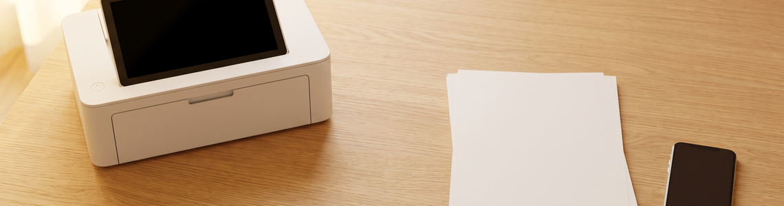 Weißer Drucker mit dunklem Display neben unbedrucktem Papier und Smartphone