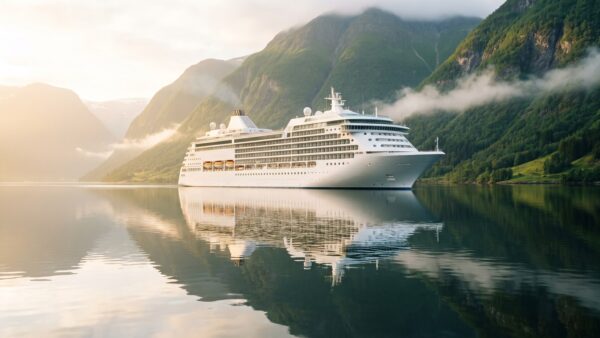 Kreuzfahrtschiff im norwegischen Fjord als Symbol für e-hoi Gutschein und Kreuzfahrt-Angebote