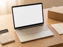 Schreibtisch mit Laptop und Versandkarton — Gebühren beim Verkaufen bei eBay berechnen