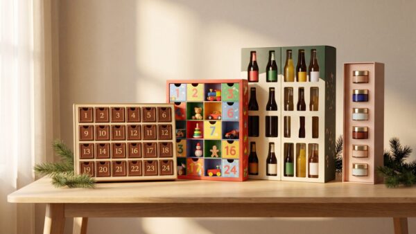 edeka adventskalender typen Verschiedene Adventskalender-Typen von Schokolade bis Getraenke auf einem Holztisch