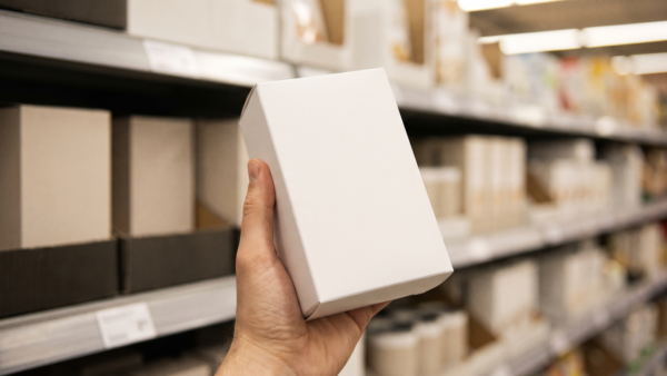 eigenmarken vs markenprodukte bild 2 Neutrale Verpackung vor dem Supermarktregal in der Hand