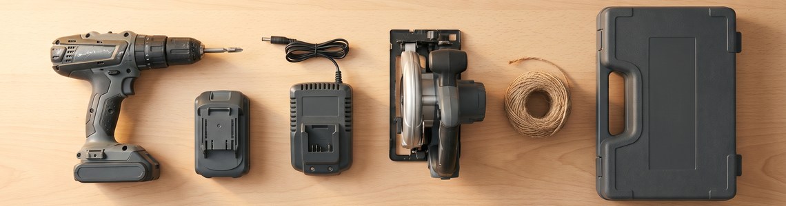 Werkzeug-Stillleben auf einer Werkbank — Einhell 2. Wahl und Werksverkauf