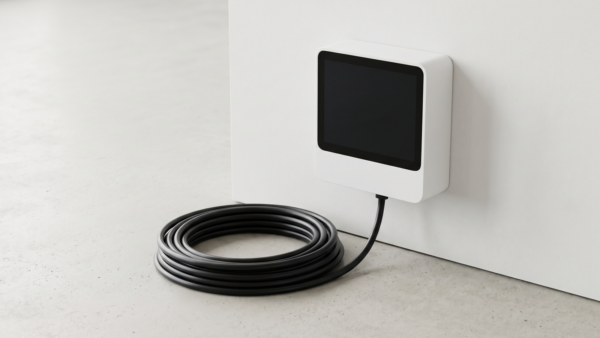 elektroauto reichweite bild 3 Aufgerolltes Ladekabel neben einer Wandladestation mit dunklem Display