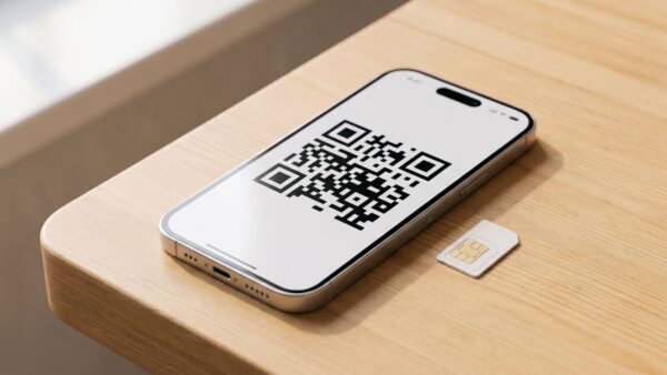esim was ist eSIM Smartphone mit QR-Code zur Aktivierung des Mobilfunkprofils