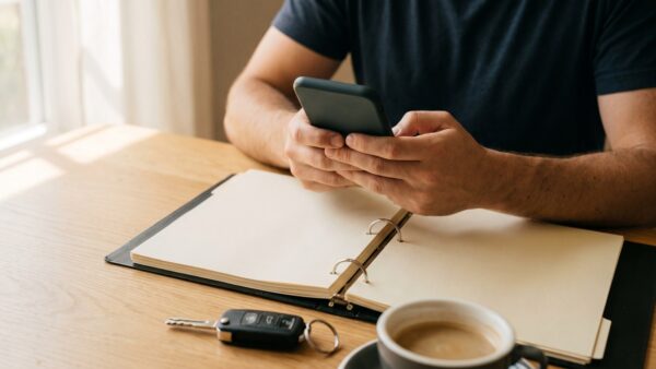 evb nummer beantragen eVB-Nummer beantragen: Smartphone, Kfz-Unterlagen und Kaffeetasse auf einem Holztisch