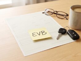 eVB-Nummer für die Kfz-Zulassung: Fahrzeugschein, Autoschlüssel und Notizzettel auf einem Schreibtisch