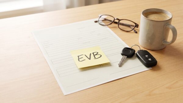 evb nummer was ist eVB-Nummer für die Kfz-Zulassung: Fahrzeugschein, Autoschlüssel und Notizzettel auf einem Schreibtisch