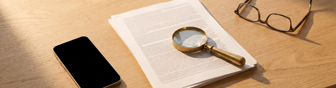Fair Use Policy: Vertragsunterlagen mit Lupe und Smartphone auf dem Schreibtisch