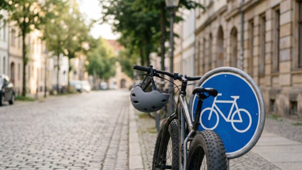 fatbike radweg recht strassenverkehr Fatbike am Radweg neben blauem Radweg-Schild — Straßenzulassung und StVZO