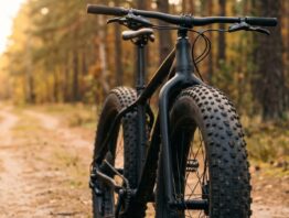 Fatbike mit extrem breiten Stollenreifen auf einem Waldweg - Reifenbreite im Detail