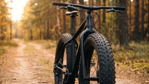 fatbike waldweg reifenbreite Fatbike mit extrem breiten Stollenreifen auf einem Waldweg — Reifenbreite im Detail